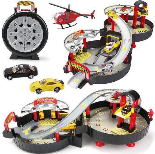 Parcare de Joaca Mobila pentru Copii Pe 2 Nivele, Speed Railway Car idealSTORE, Accesorizat cu Spalatorie Auto, Elicopter, Lift, Masinute, Valiza in forma de Roata cu Maner de Transport