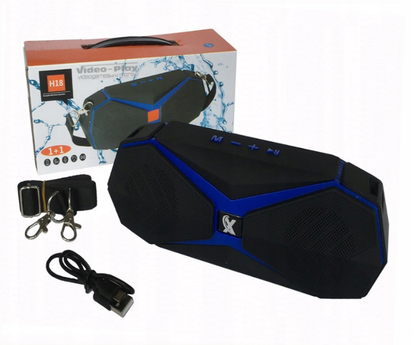 Boxa bluetooth portabila IdealSTORE, Multifunctional, port usb, Micro usb, Port microSD, dimensiuni mici 5.5x22x8 dotata cu o curea de umar, baterie de 1200mAh cu functia de power bank, negru-albastru