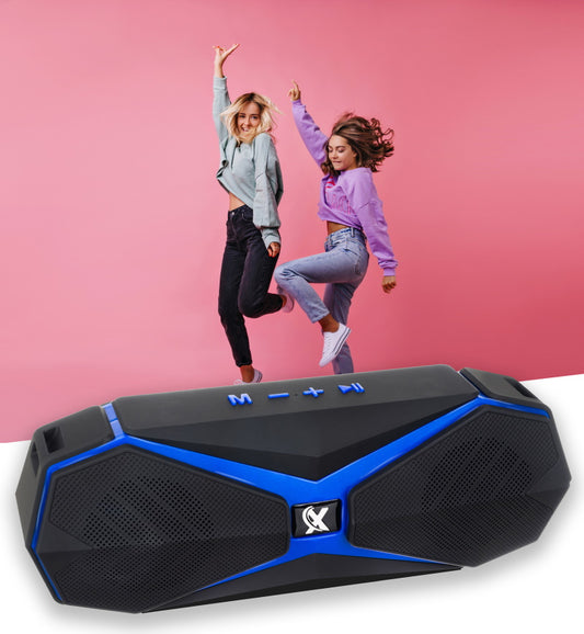 Boxa bluetooth portabila IdealSTORE, Multifunctional, port usb, Micro usb, Port microSD, dimensiuni mici 5.5x22x8 dotata cu o curea de umar, baterie de 1200mAh cu functia de power bank, negru-albastru