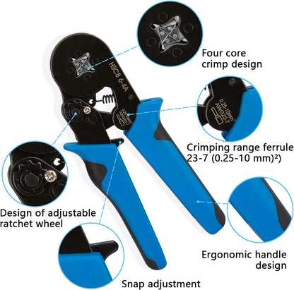 Trusa Sertizare Cabluri Electrice idealSTORE, Cleste Sertizat Reglabil, Domeniu de sertizare 0,25-10 mm2, Include 500 de Terminali, Usor de Utilizat, Calitate inalta a Materialelor, Rezistenta Mare la socuri, Forta de tractiune, Material Otel