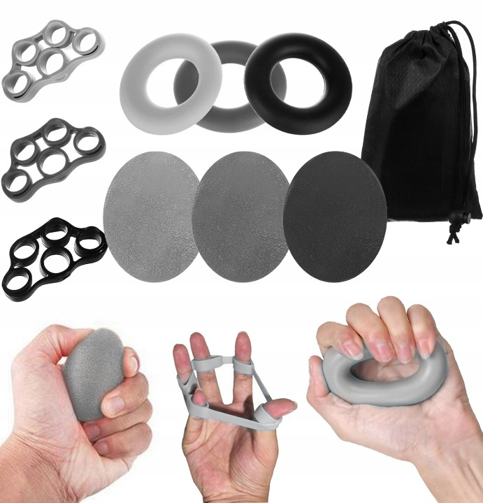 Set 9 Benzi exercitii de Mana/Incheietura idealSTORE, Include 3 Benzi de Cauciuc pentru degete, 3 Bile de Antrenament si 3 Inele, Sac inclus pentru transport