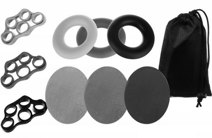 Set 9 Benzi exercitii de Mana/Incheietura idealSTORE, Include 3 Benzi de Cauciuc pentru degete, 3 Bile de Antrenament si 3 Inele, Sac inclus pentru transport