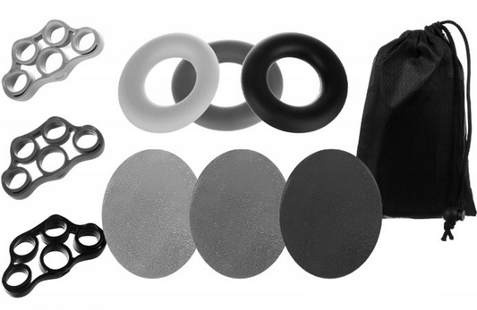 Set 9 Benzi exercitii de Mana/Incheietura idealSTORE, Include 3 Benzi de Cauciuc pentru degete, 3 Bile de Antrenament si 3 Inele, Sac inclus pentru transport