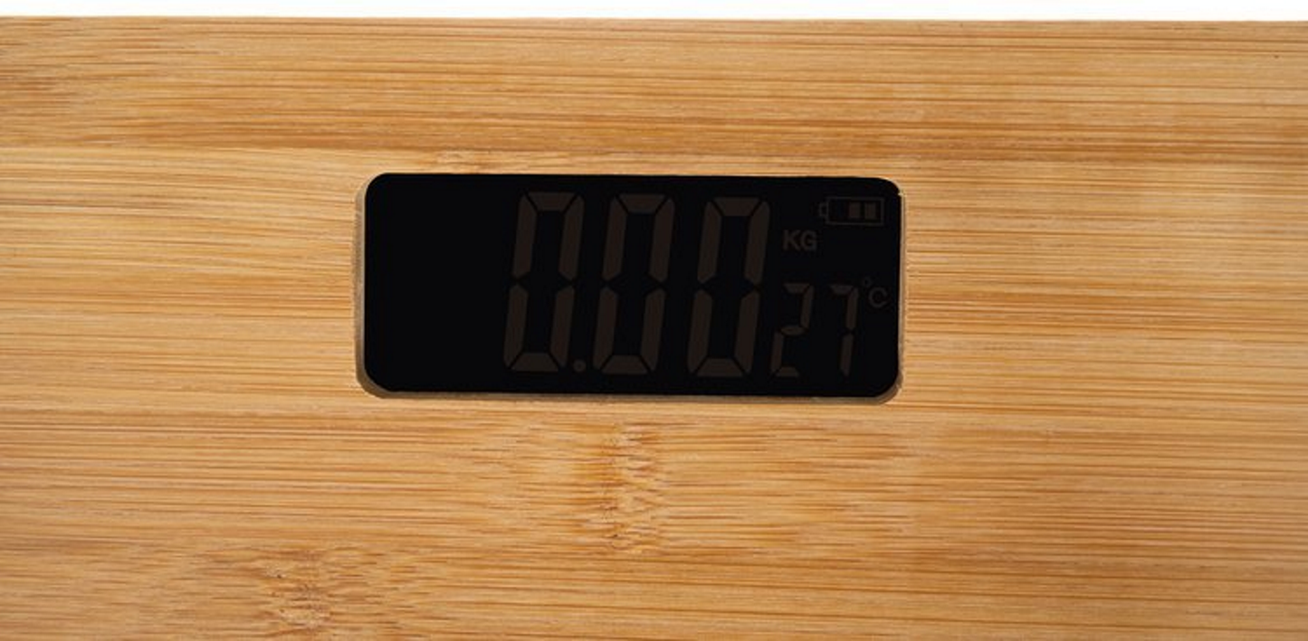 Cantar Digital din lemn idealSTORE, Dimensiuni 28 x 28 x cm, Confectionat din bambus, Ecran LED, Picior antiderapant, Sarcina maxima 180 kg