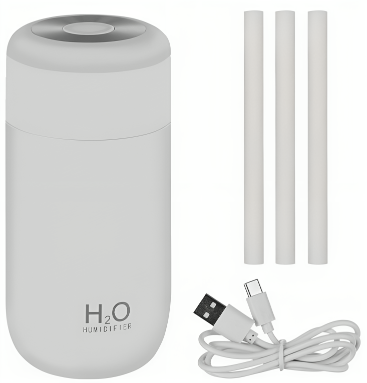 Umidificator de Aer idealSTORE cu Difuzor Aromaterapie, Include LED RGB cu iluminare Alba, Material ABS, Capacitate 350 ml, Timp de Functionare 5-10h, Incarcare USB, Putere 2,5W, Perfect pentru Apartament, Casa sau Birou