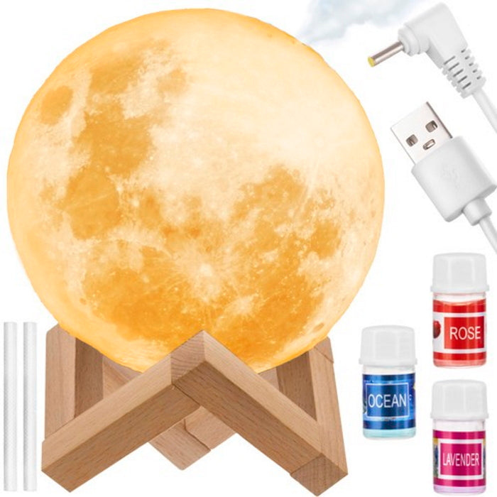 Umidificator de aer 3 in 1 portabil Moon Light IdealStore, Ultra Silentios Contine difuzor de aroma, Lampa LED Touch Control cu 3 moduri de iluminare, Alimentare USB, 3 arome incluse, Capacitate 880 ml, Timp 24h cu un sigur rezervor