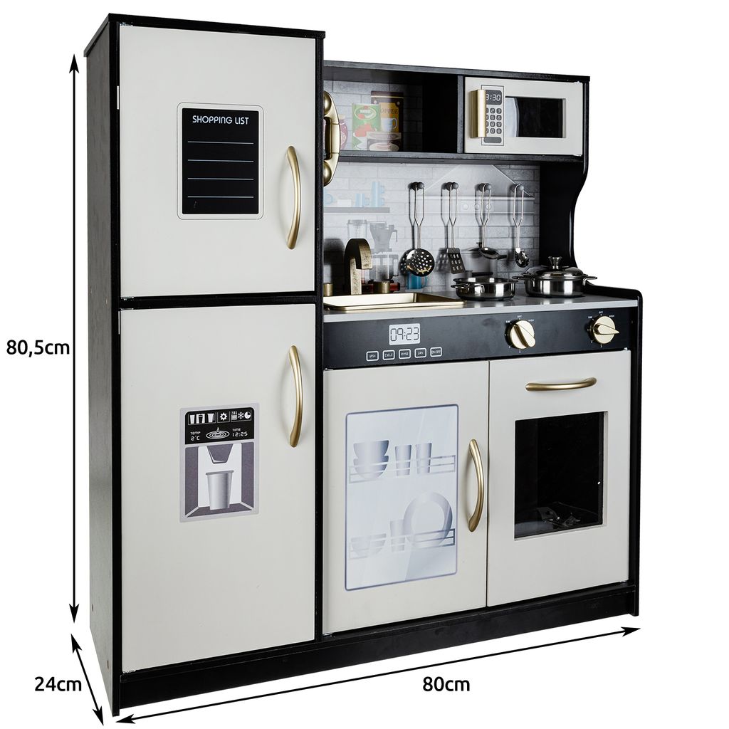 Bucatarie de lemn Kitchen Master, Echipata cu frigider, Telefon, Cuptor cu microunde, Chiuveta, Masina de spalat, Material de inalta calitate, Dotata cu o lampa functionala si cu o multitudine de ustensile, Negru