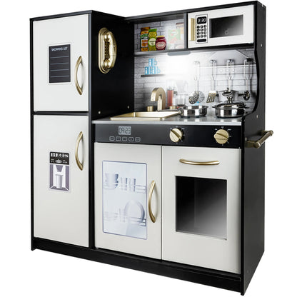 Bucatarie de lemn Kitchen Master, Echipata cu frigider, Telefon, Cuptor cu microunde, Chiuveta, Masina de spalat, Material de inalta calitate, Dotata cu o lampa functionala si cu o multitudine de ustensile, Negru