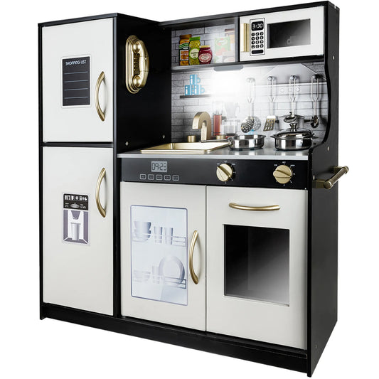 Bucatarie de lemn Kitchen Master, Echipata cu frigider, Telefon, Cuptor cu microunde, Chiuveta, Masina de spalat, Material de inalta calitate, Dotata cu o lampa functionala si cu o multitudine de ustensile, Negru