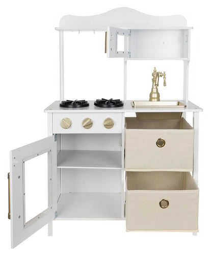 Bucatarie din Lemn Pentru Copii Kruzzel idealStore, Iluminare si Sunete, Accesorii pentru Gatit Incluse, Cuptor cu Microunde, Cutii pentru Depozitare, Finisaj de Inalta Calitate, Moderna