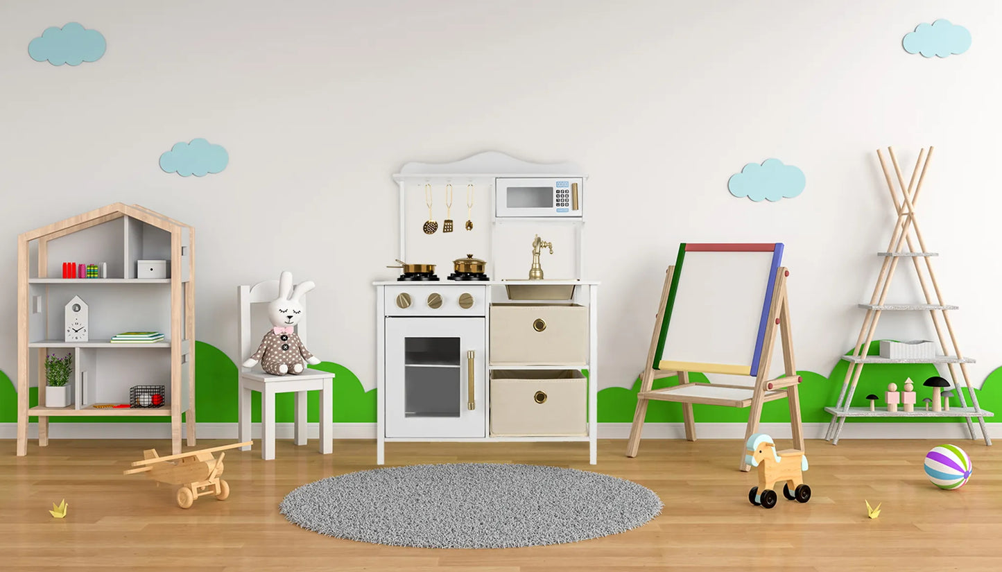 Bucatarie din Lemn Pentru Copii Kruzzel idealStore, Iluminare si Sunete, Accesorii pentru Gatit Incluse, Cuptor cu Microunde, Cutii pentru Depozitare, Finisaj de Inalta Calitate, Moderna