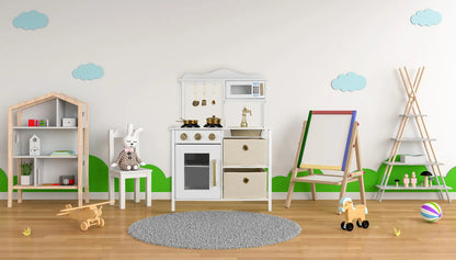 Bucatarie din Lemn Pentru Copii Kruzzel idealStore, Iluminare si Sunete, Accesorii pentru Gatit Incluse, Cuptor cu Microunde, Cutii pentru Depozitare, Finisaj de Inalta Calitate, Moderna