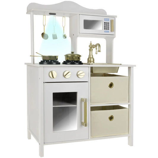 Bucatarie din Lemn Pentru Copii Kruzzel idealStore, Iluminare si Sunete, Accesorii pentru Gatit Incluse, Cuptor cu Microunde, Cutii pentru Depozitare, Finisaj de Inalta Calitate, Moderna