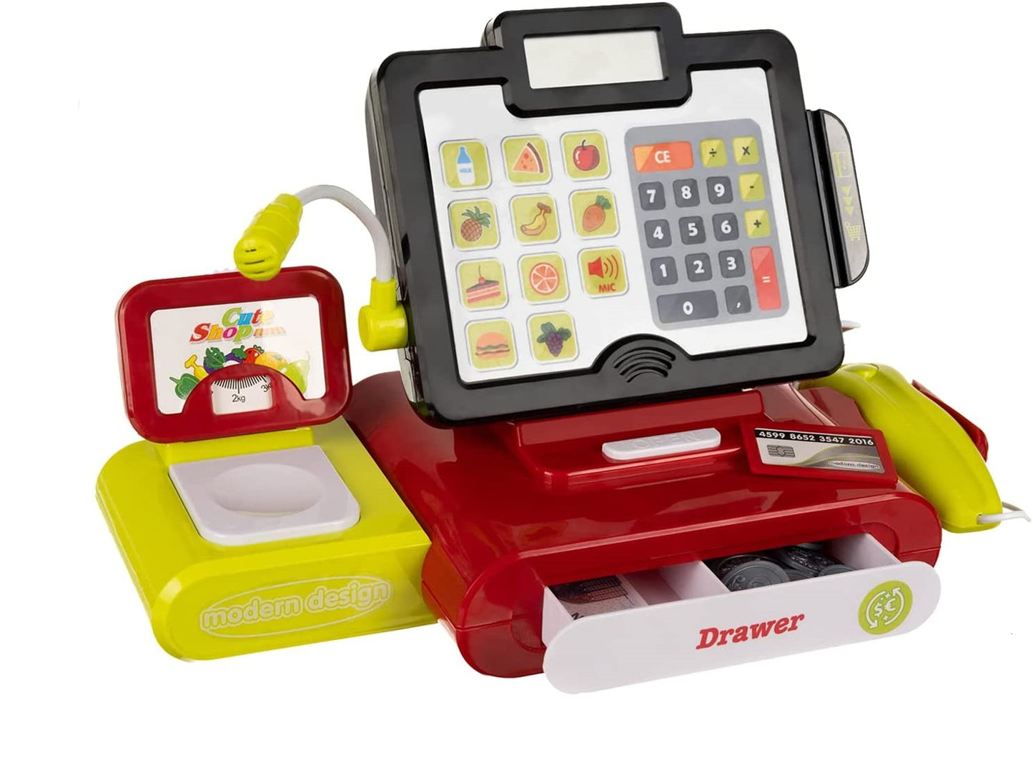 Casa de marcat pentru copii CHILDREN CALCULATOR MONEY IdealStore,14,5 X 33 X 19,5 cm, Include produse alimentare, Microfon, Scaner, Cantar alimente, Bani si Card bancar