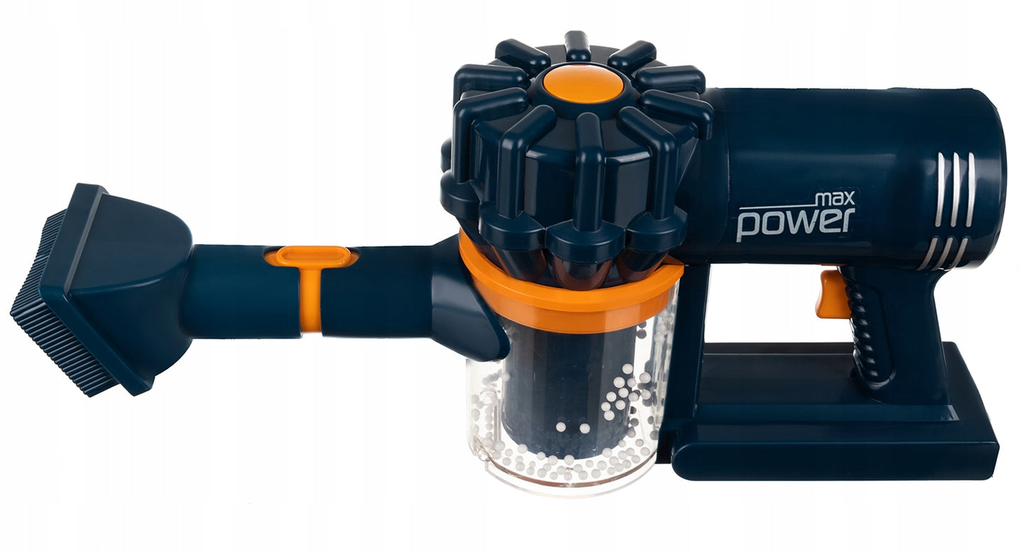 Aspirator Vertical Pentru Copii 2in1 Vacuum Cleaner idealStore, Suntete, 3 Perii Diferite, Pozitie de Parcare, Rezervor Pentru Deseuri, Bilute din Polistiren Incluse, Antreneaza Imaginatia, Interactiv si Educativ