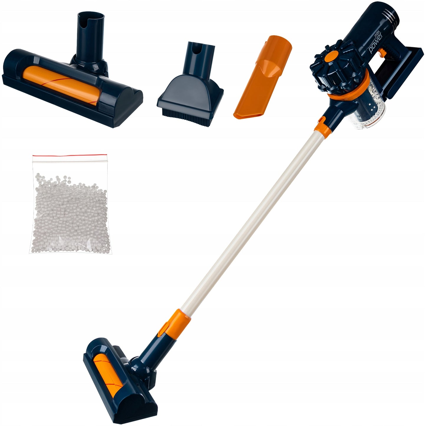 Aspirator Vertical Pentru Copii 2in1 Vacuum Cleaner idealStore, Suntete, 3 Perii Diferite, Pozitie de Parcare, Rezervor Pentru Deseuri, Bilute din Polistiren Incluse, Antreneaza Imaginatia, Interactiv si Educativ