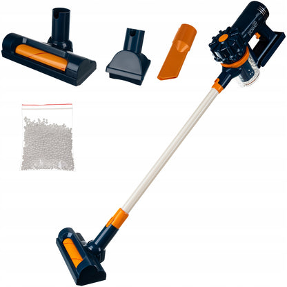 Aspirator Vertical Pentru Copii 2in1 Vacuum Cleaner idealStore, Suntete, 3 Perii Diferite, Pozitie de Parcare, Rezervor Pentru Deseuri, Bilute din Polistiren Incluse, Antreneaza Imaginatia, Interactiv si Educativ