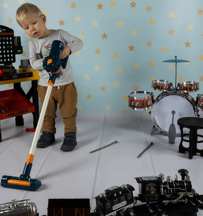 Aspirator Vertical Pentru Copii 2in1 Vacuum Cleaner idealStore, Suntete, 3 Perii Diferite, Pozitie de Parcare, Rezervor Pentru Deseuri, Bilute din Polistiren Incluse, Antreneaza Imaginatia, Interactiv si Educativ
