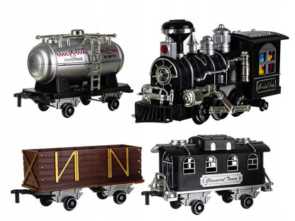 Circuit electric Tren IdealSTORE Classical Rail, Include Locomotiva, 3 vagoane de marfa 39 de elemente de traseu, Accesorizat cu lumini, Sunete si Efecte de Abur, Astfel dezvoltand imaginatia si abilitatile practice ale copiilor