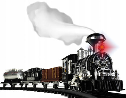 Circuit electric Tren IdealSTORE Classical Rail, Include Locomotiva, 3 vagoane de marfa 39 de elemente de traseu, Accesorizat cu lumini, Sunete si Efecte de Abur, Astfel dezvoltand imaginatia si abilitatile practice ale copiilor