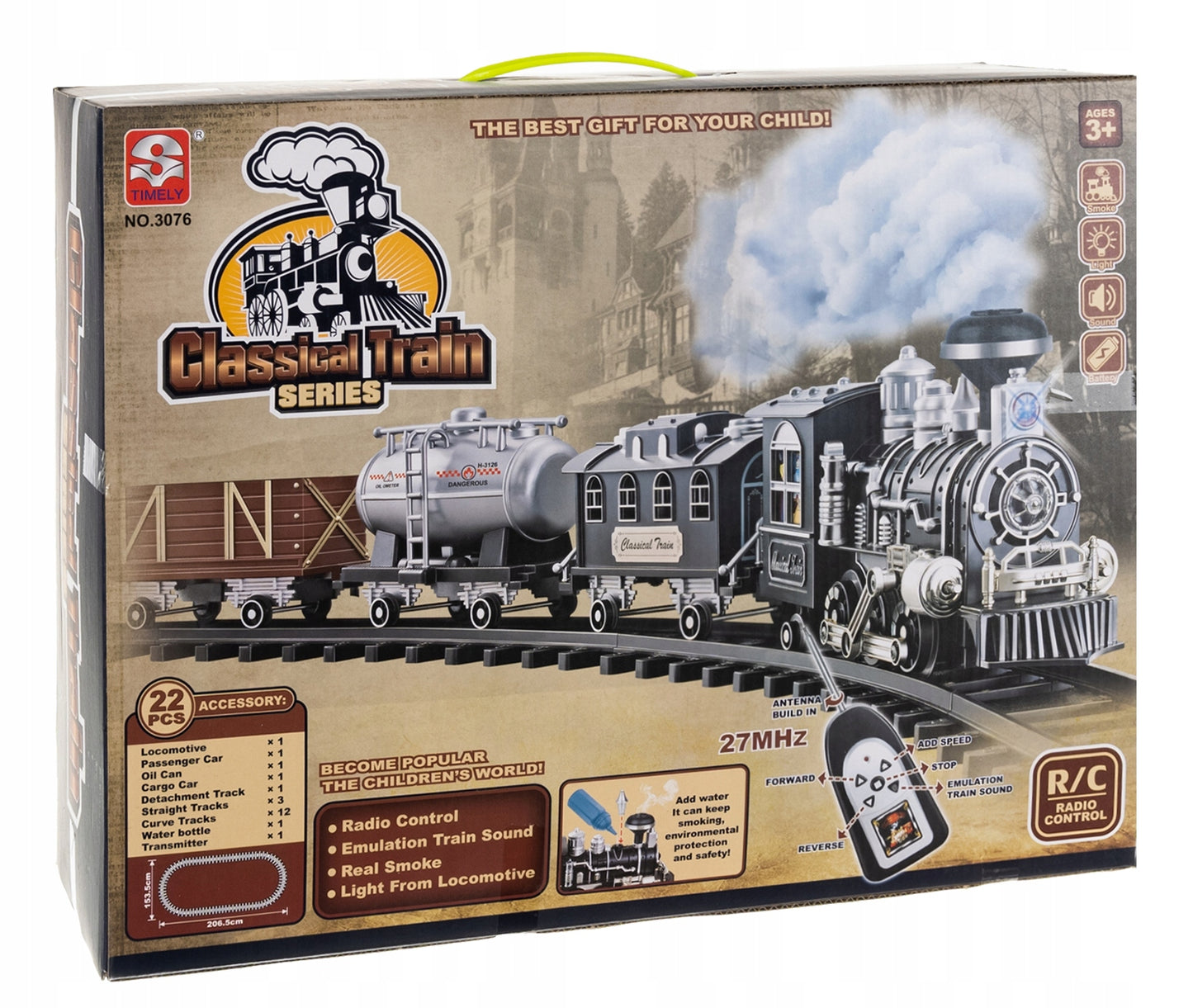 Circuit electric Tren IdealSTORE Classical Rail, Include Locomotiva, 3 vagoane de marfa 39 de elemente de traseu, Accesorizat cu lumini, Sunete si Efecte de Abur, Astfel dezvoltand imaginatia si abilitatile practice ale copiilor