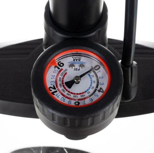 Pompa de Podea cu Manometru idealSTORE Include 3 Capete Compatibile cu Diverse Supape, Metal-Plastic, 16 BAR/230 PSI, Ideala Pentru Bicicleta, Masina sau Saltele