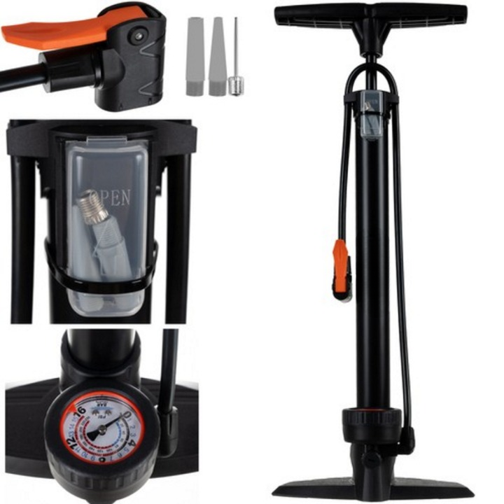 Pompa de Podea cu Manometru idealSTORE Include 3 Capete Compatibile cu Diverse Supape, Metal-Plastic, 16 BAR/230 PSI, Ideala Pentru Bicicleta, Masina sau Saltele