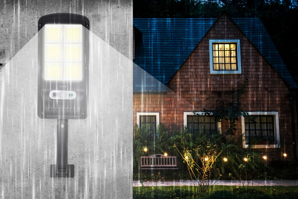 Lampa Solara Stradala cu Panou Exterior idealSTORE, Include 120 LED COB, Senzor de Miscare, Panou Solar Incorporat, 4 Moduri de Operare, Putere 36 W, Unghi de Iluminat 120 , IP 67, Brat de Montare Inclus, Reglaj Vertical-Orizontal