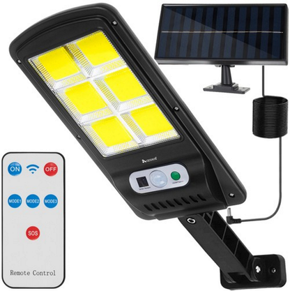 Lampa Solara Stradala cu Panou Exterior idealSTORE, Include 120 LED COB, Senzor de Miscare, Panou Solar Incorporat, 4 Moduri de Operare, Putere 36 W, Unghi de Iluminat 120 , IP 67, Brat de Montare Inclus, Reglaj Vertical-Orizontal