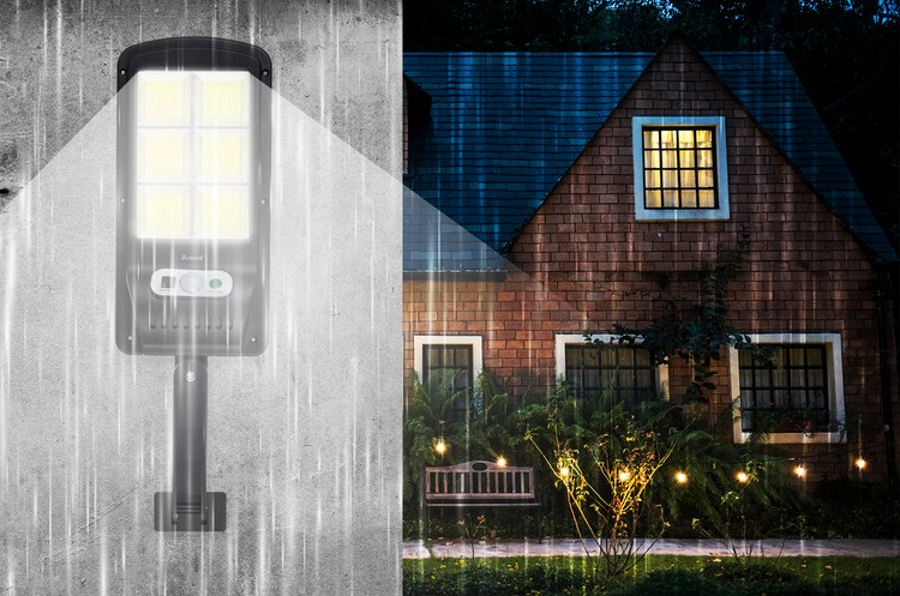 Lampa Solara Stradala idealSTORE, Include 120 LED COB, Senzor de Miscare, Panou Solar Incorporat, 4 Moduri de Operare, Putere 36 W, Unghi de Iluminat 120 , IP 67, Brat de Montare si Telecomanda, Timp de Functionare 8-10 Ore, Reglaj Vertical-Orizontal