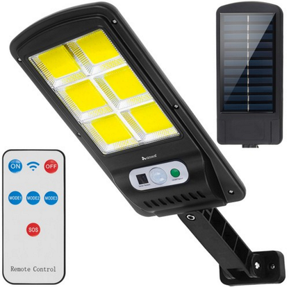 Lampa Solara Stradala idealSTORE, Include 120 LED COB, Senzor de Miscare, Panou Solar Incorporat, 4 Moduri de Operare, Putere 36 W, Unghi de Iluminat 120 , IP 67, Brat de Montare si Telecomanda, Timp de Functionare 8-10 Ore, Reglaj Vertical-Orizontal