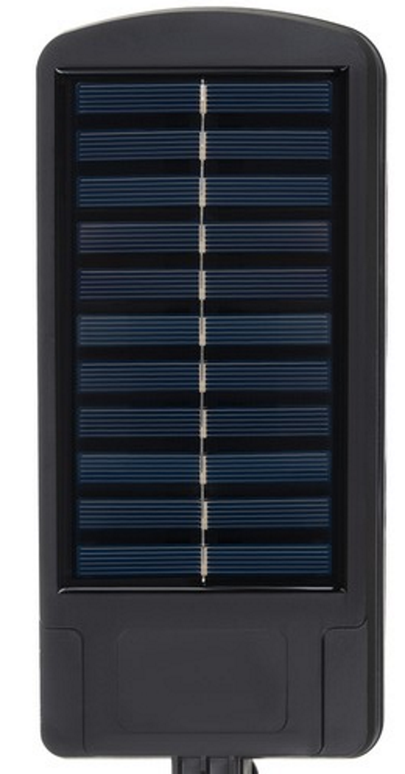 Lampa Solara Stradala idealSTORE, Include 120 LED COB, Senzor de Miscare, Panou Solar Incorporat, 4 Moduri de Operare, Putere 36 W, Unghi de Iluminat 120 , IP 67, Brat de Montare si Telecomanda, Timp de Functionare 8-10 Ore, Reglaj Vertical-Orizontal