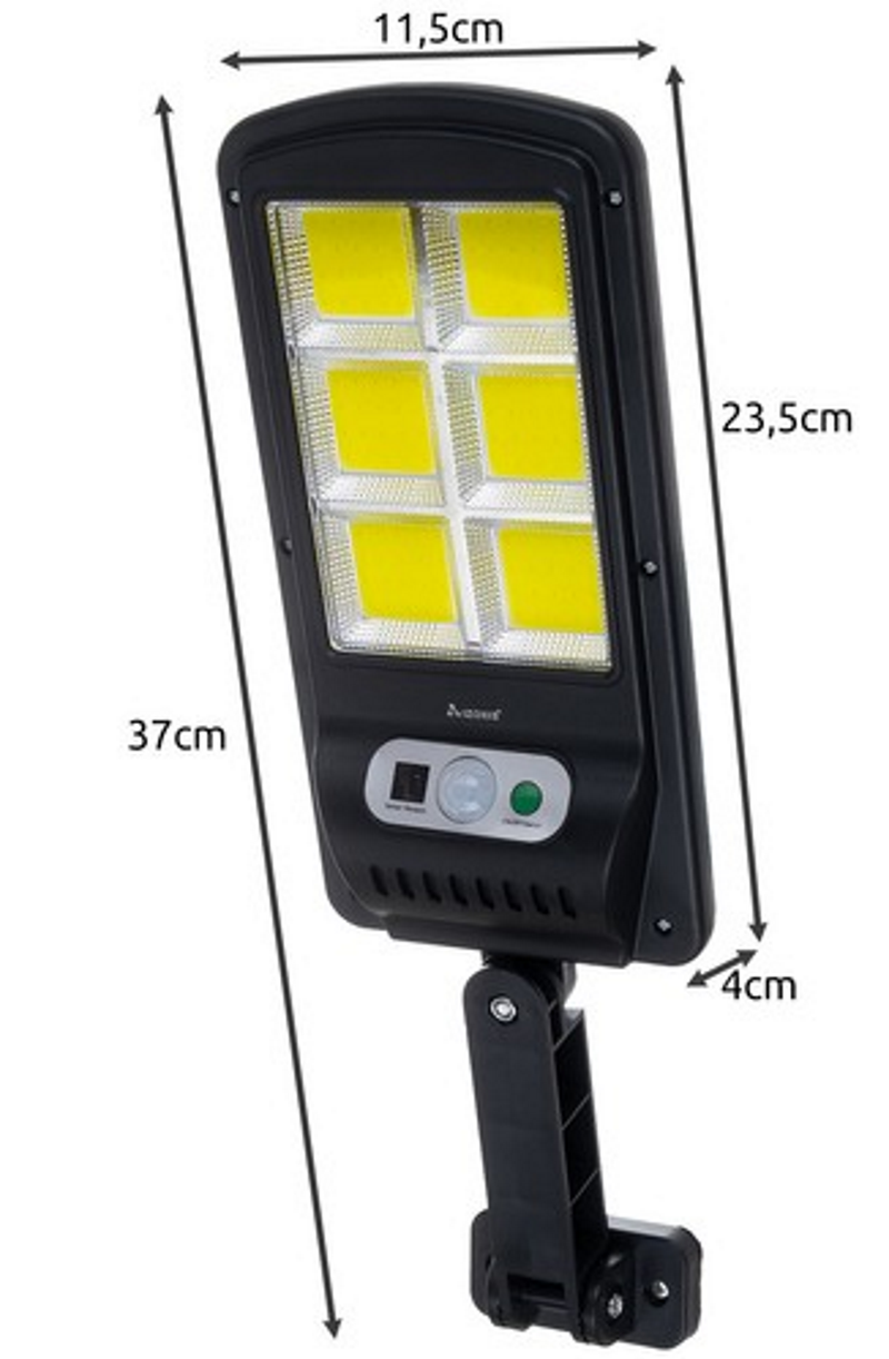 Lampa Solara Stradala idealSTORE, Include 120 LED COB, Senzor de Miscare, Panou Solar Incorporat, 4 Moduri de Operare, Putere 36 W, Unghi de Iluminat 120 , IP 67, Brat de Montare si Telecomanda, Timp de Functionare 8-10 Ore, Reglaj Vertical-Orizontal