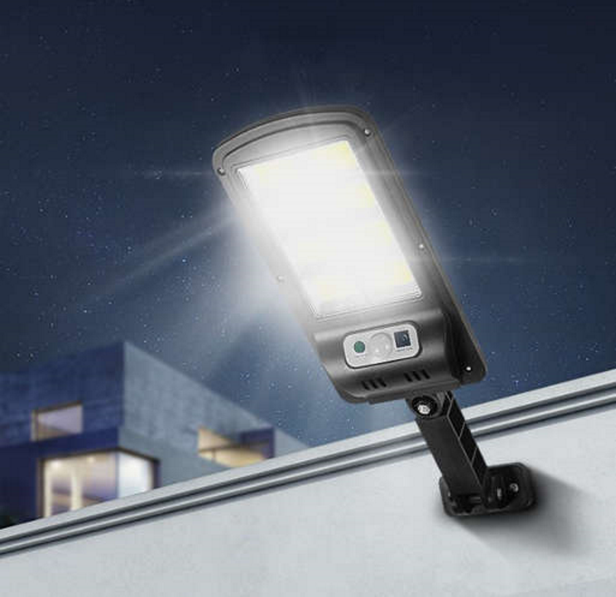 Lampa Solara Stradala idealSTORE, Include 120 LED COB, Senzor de Miscare, Panou Solar Incorporat, 4 Moduri de Operare, Putere 36 W, Unghi de Iluminat 120 , IP 67, Brat de Montare si Telecomanda, Timp de Functionare 8-10 Ore, Reglaj Vertical-Orizontal