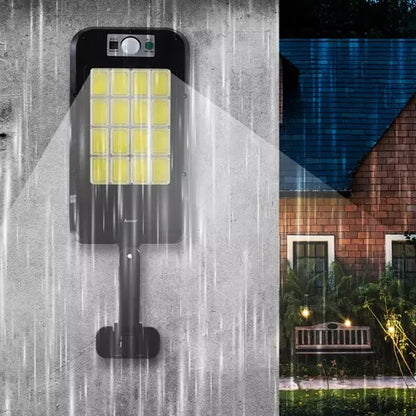 Lampa Solara Stradala, Include 240 LED COB, Senzor de Miscare, Panou Solar Incorporat, 4 Moduri de Operare, Putere 72 W, Unghi de Iluminat 120 , IP 67, Brat de Montare si Telecomanda, Timp de Functionare 8-10 Ore, Reglaj Vertical-Orizontal