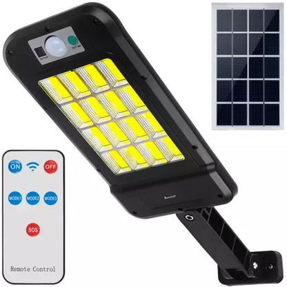 Lampa Solara Stradala, Include 240 LED COB, Senzor de Miscare, Panou Solar Incorporat, 4 Moduri de Operare, Putere 72 W, Unghi de Iluminat 120 , IP 67, Brat de Montare si Telecomanda, Timp de Functionare 8-10 Ore, Reglaj Vertical-Orizontal