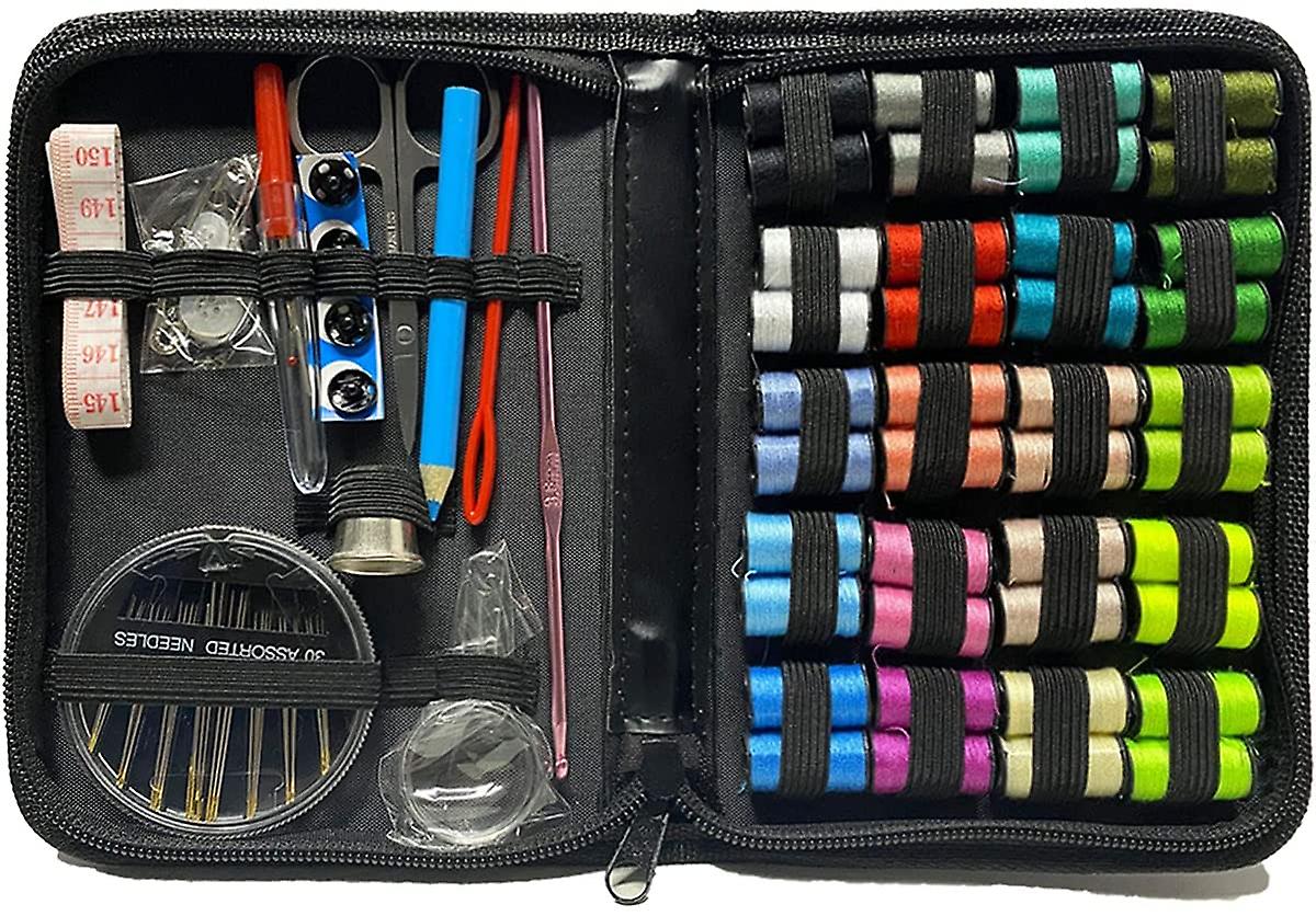 Kit de Cusut Master Little Tailor idealSTORE, Include 129 de Accesorii pentru Cusut, Ace, Papiote, Foarfece, Degetar, Banda de Masurare, Lupa, Nasturi, Dimensiune 17,5 x 12 x 3 cm, Negru