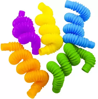 Set 20 de Tuburi Sensoriale Colorate idealSTORE, Dimensiuni 16 x 51 cm, Antistres, Alcatuit din 7 culori, galben, roz, violet, portocaliu, albastru, bleumarin, verde, Material Plastic, Stimulare Tactila si Auditiva