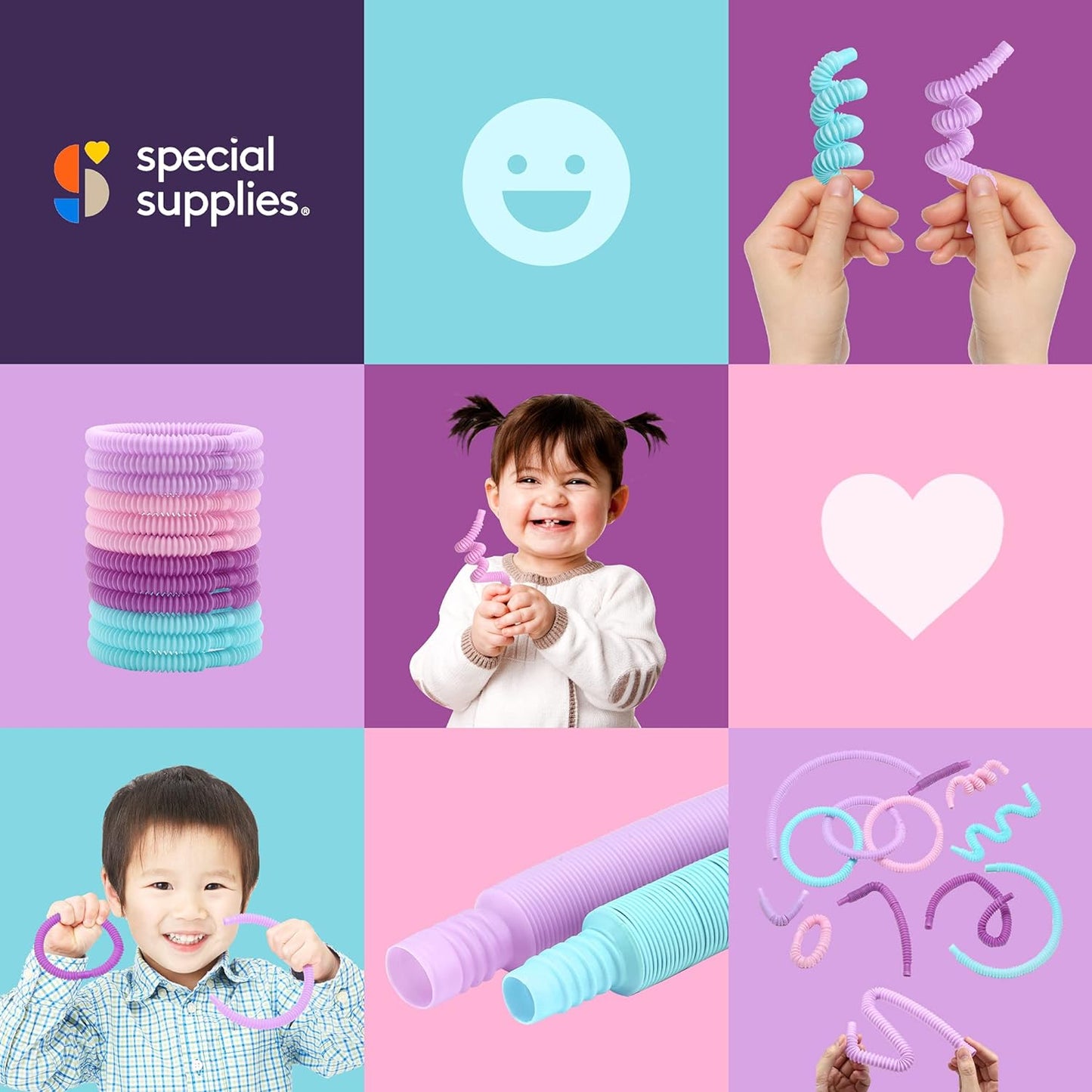 Set 20 de Tuburi Sensoriale Colorate idealSTORE, Dimensiuni 16 x 51 cm, Antistres, Alcatuit din 7 culori, galben, roz, violet, portocaliu, albastru, bleumarin, verde, Material Plastic, Stimulare Tactila si Auditiva