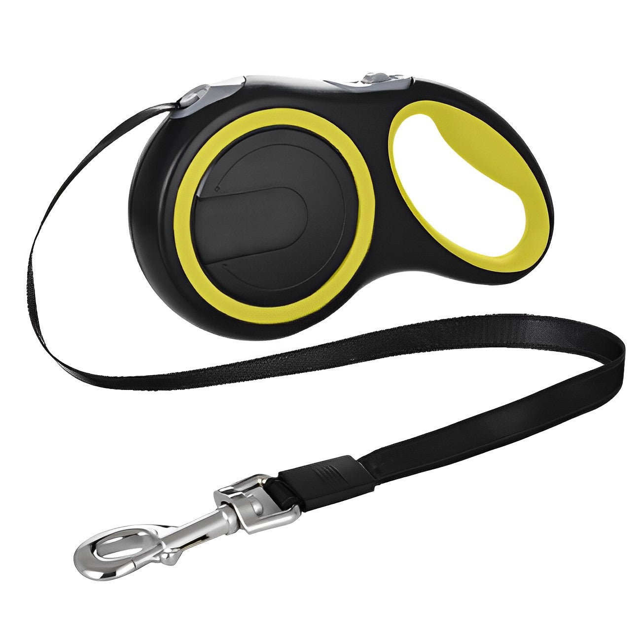 Lesa Retractabila Pentru Caini IdealStore, Dispozitiv de Blocare, Lungime 8 metri, Dimensiune 21 x 11 x 4cm, Greutatea Maxima a Cainelui 50kg, Culoare Negru-Galben