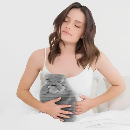 Perna cu apa calda si rece, din cauciuc, pentru calmarea durerilor, IdealStore, husa de plus, inchidere etansa, 38x20x2 cm, 2l, gri-bej