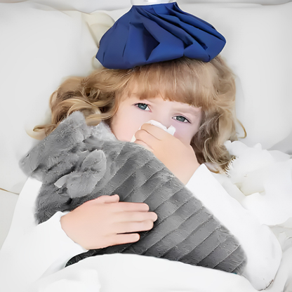 Perna cu apa calda si rece, din cauciuc, pentru calmarea durerilor, IdealStore, husa de plus, inchidere etansa, 38x20x2 cm, 2l, gri-bej