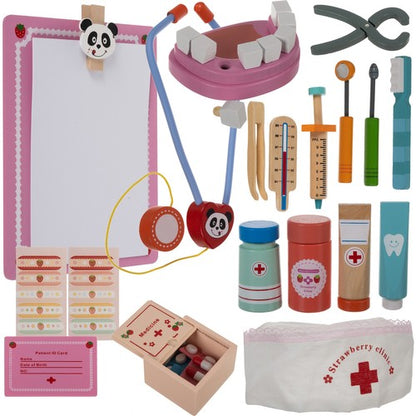 Trusa Medicala din lemn Dentist Doctor Panda idealSTORE Include o Valiza din Lemn Natural Numeroase Accesorii Dentare, Mulaj Dentar, Termometru, Stetoscop, Oglinda, Penseta, Cleste, Dalta, Un Joc Creativ Si Distractiv