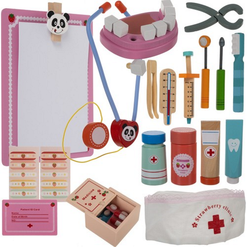 Trusa Medicala din lemn Dentist Doctor Panda idealSTORE Include o Valiza din Lemn Natural Numeroase Accesorii Dentare, Mulaj Dentar, Termometru, Stetoscop, Oglinda, Penseta, Cleste, Dalta, Un Joc Creativ Si Distractiv
