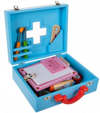 Trusa Medicala din lemn Dentist Doctor Panda idealSTORE Include o Valiza din Lemn Natural Numeroase Accesorii Dentare, Mulaj Dentar, Termometru, Stetoscop, Oglinda, Penseta, Cleste, Dalta, Un Joc Creativ Si Distractiv