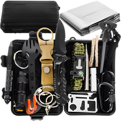 Kit de supravietuire Survival Star IdealStore, Contine 32 de elemente, Husa de depozitare este impermeabila de dimensiune potrivita, Perfect pentru excursii, pescuit, vanatoare sau aventurari pe munte