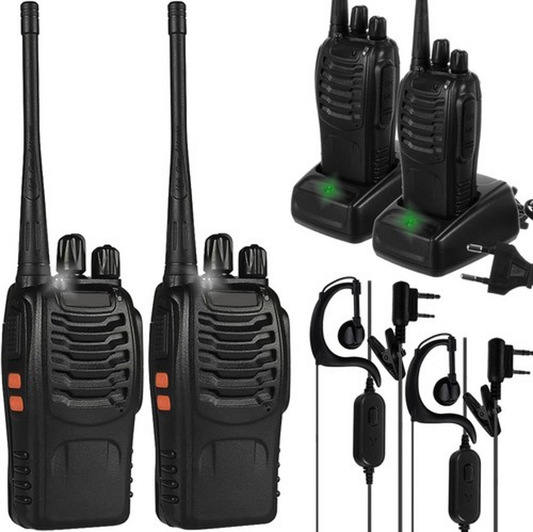 Set 2 Statii Profesionale Portabile idealSTORE Walkie Talkie, Actiune Pana la 5 km, Include 16 Canale Programte in PMR, 2 Setu-uri de Casti, 2 Statii de Incarcare, Echipata cu Butoane pentru reglarea volumului si indicarea Canalului, Frecventa 400-470MHz