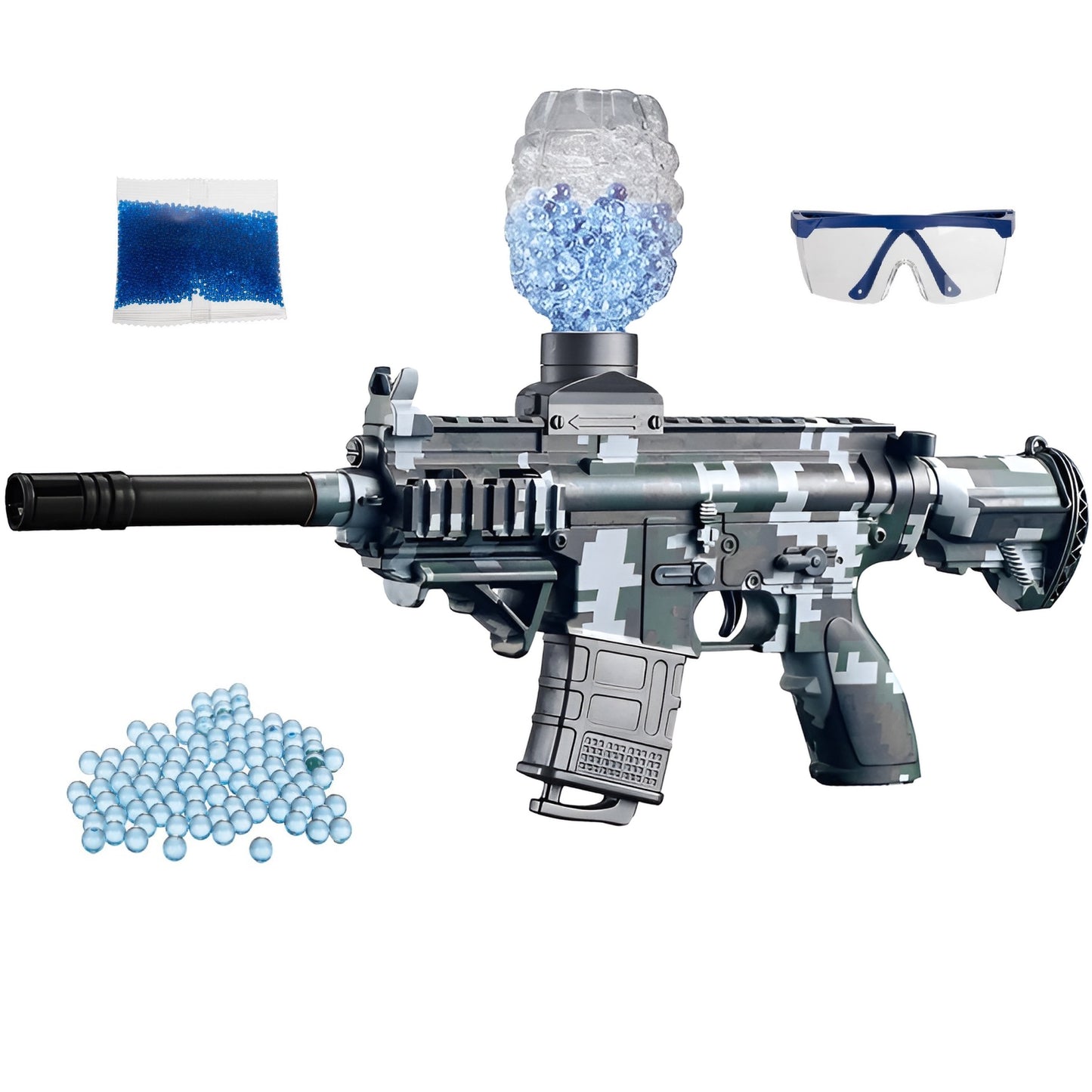 Mitraliera Automata de Jucarie Military Police idealSTORE, Include incarcator stil grenada cu 800 bile din gel, Ochelari, Amortizor, Raza de Actiune 15 m, Baterie 500 mAh Incarcare USB, Centura de Prindere