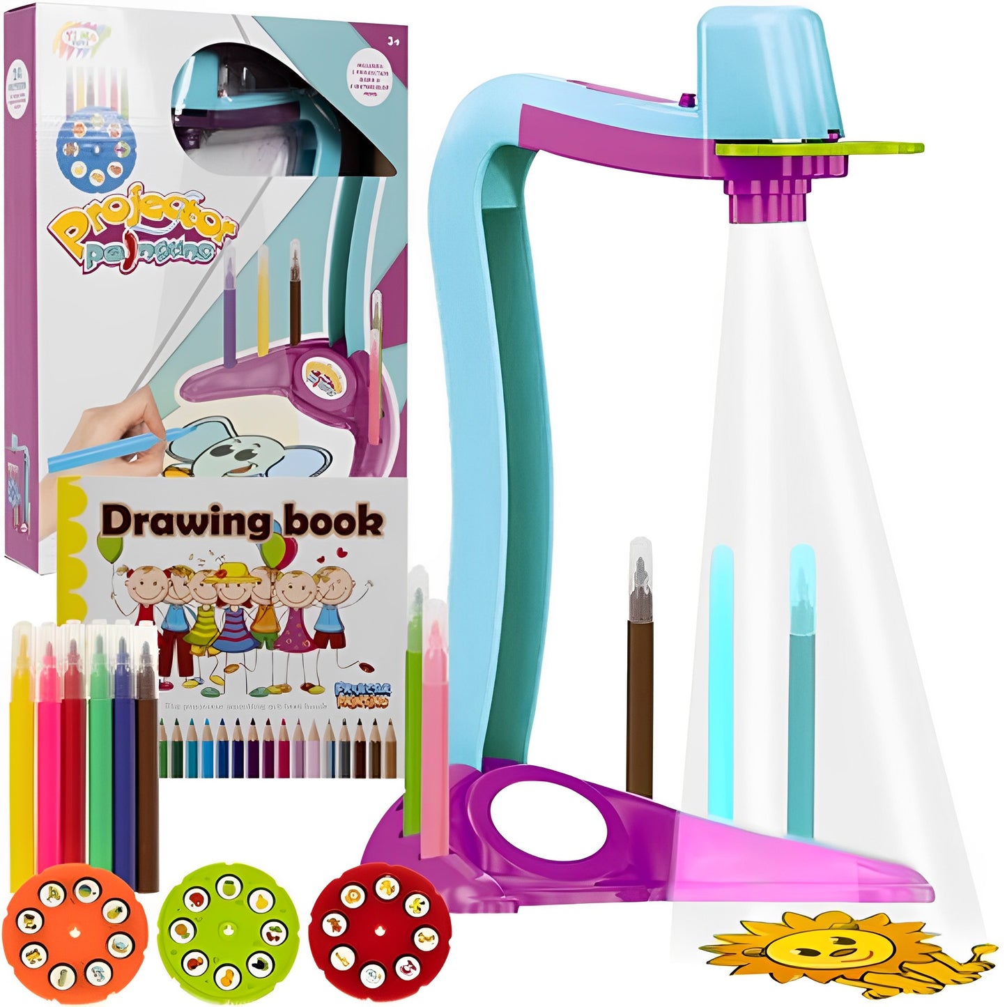 Proiector Educativ pentru Desen Drawing Book idealSTORE Include 24 de Imagini, 6 Markere, 3 Dispozitive pentru Proiector, Tampon de Pictura, Dezvolta Abilitati Manuale