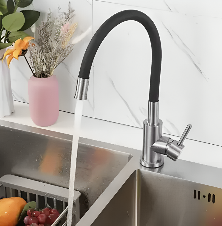 Baterie Rotativa Flexibila 360 idealSTORE, Material Silicon, Otel inoxidabil, Inaltime Reglabila, Aerotor Desurubat, Rezistent la Decolorare si Deteriorare, Previne Depuneri de Calcar, Economiseste 80% din Apa